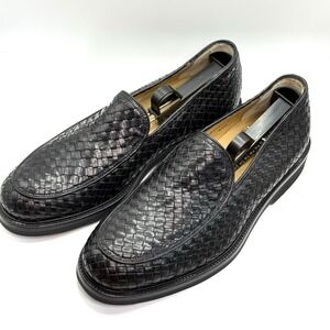 VTG Bruno Magli Black Woven Leather Penny Loafers Vibram Sole Mens Slip On Italy